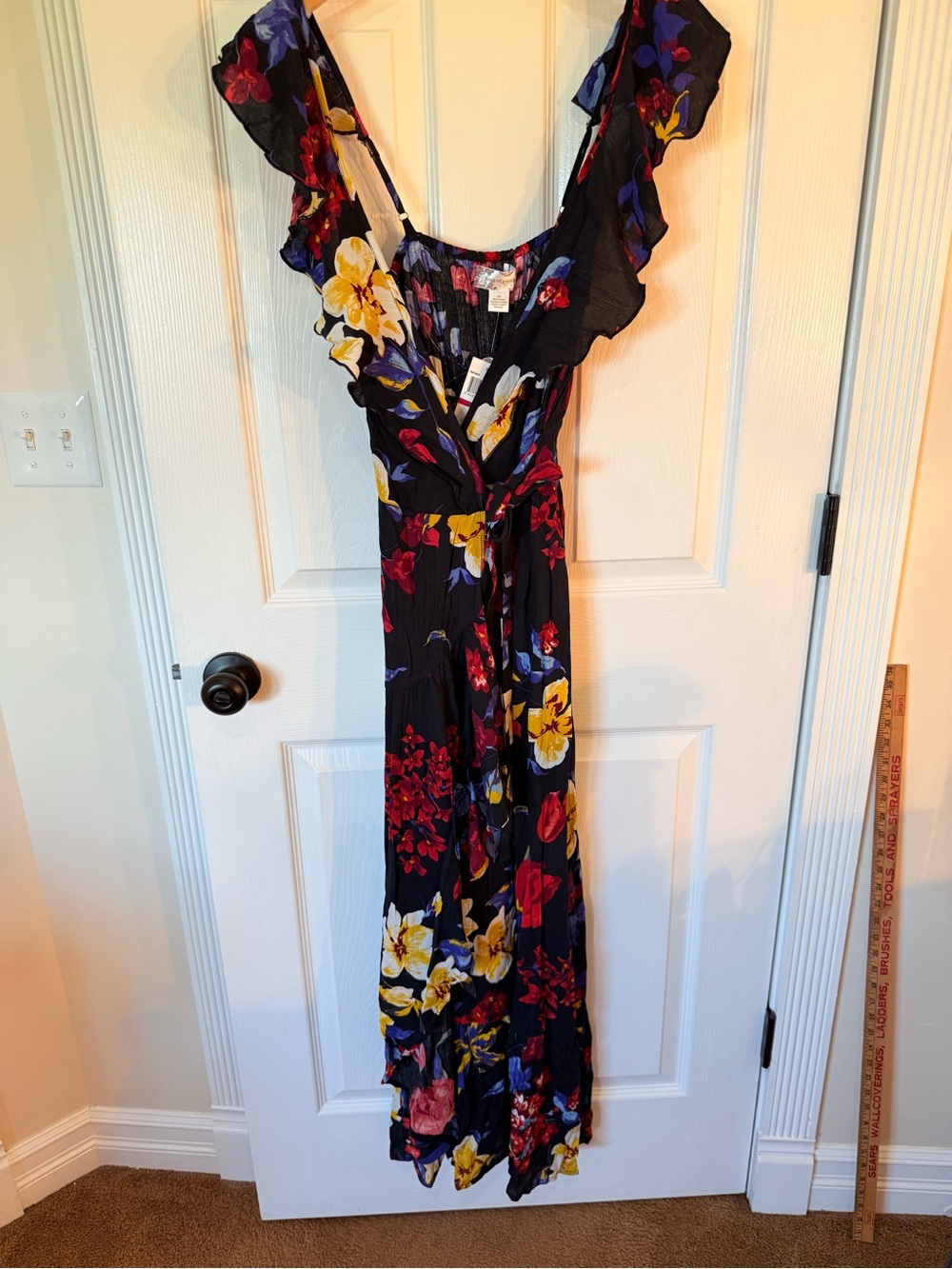 Band of Gypsies Black Floral Ruffle-Strap Maxi Dress